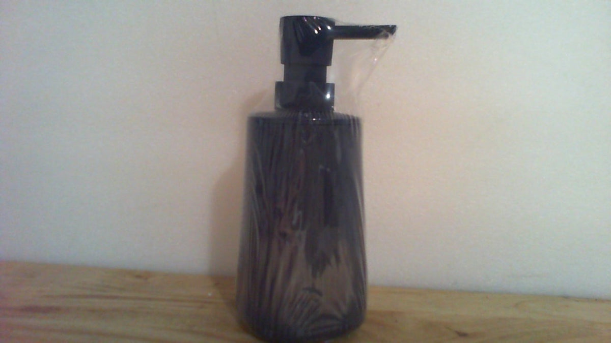 Dispensador de Jabón Pequeño para Baño y Cocina | Estilo Moderno Farmhouse a Rayas | Dispensador de Plástico con Bomba para Jabón de Manos y Trastes | Azul Mate