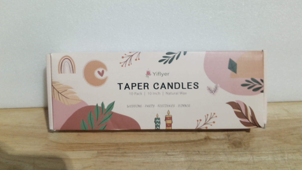 velas cónicas largas de la marca Yiflyer (Taper Candles). El paquete contiene 10 unidades de 10 pulgadas de largo ARTICULO VIENE COMO SE MUESTRA EN LA SEGUNDA IMAGEN