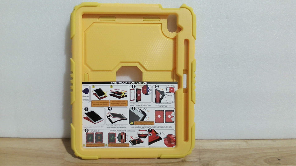 funda protectora de uso rudo para tablet en color amarillo, la cual incluye su guía de instalación interna.ARTICULO VIENE COMO SE OBSERVA EN LA SEGUNDA Y TERCERA  IMAGEN )