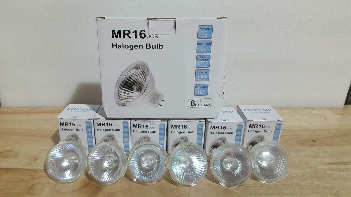 paquete de 6 bombillas halógenas MR16 JCR de la marca ETUOLMP ARTICULO VIENE COMO SE OBSERVA EN LA SEGUNDA IMAGEN