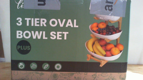 (MADERA CON LEVES FISURAS) frutero de 3 niveles con cuencos ovales (3 Tier Oval Bowl Set - Edición PLUS) de la marca Seven Sparta