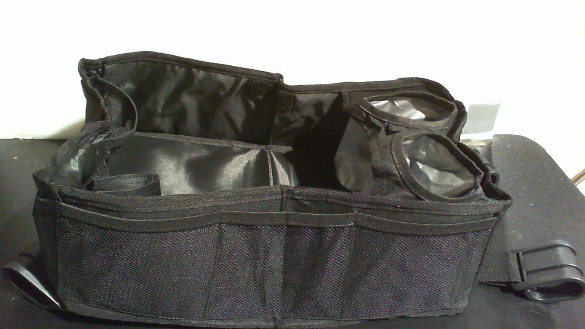 Organizador negro de tela con compartimentos y bolsillos de malla para mantener todo en orden
