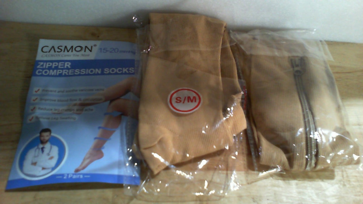 Calcetines de compresión con cremallera (marca Casmon) de color beige, talla S/M