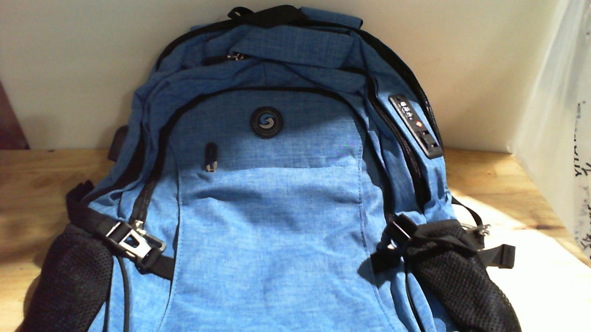 bulto o mochila ejecutiva y de viaje en color azul jaspeado, diseñado con un enfoque de alta capacidad y seguridad antirrobo.