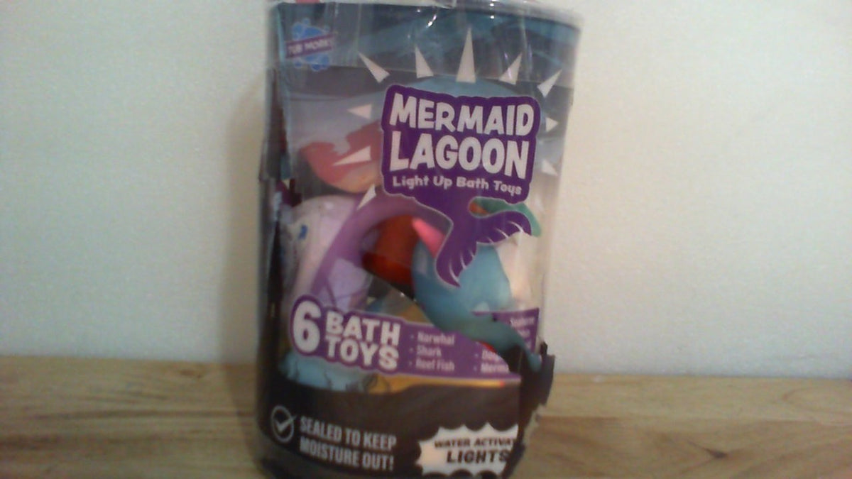 juguetes de baño con luces LED de la marca Tub Works llamado Mermaid Lagoon Light Up Bath Toys (paquete de 6)
