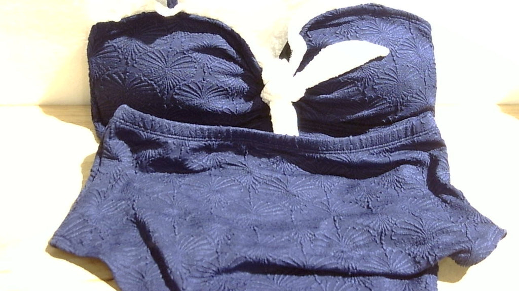 TALLA M-Traje de baño de dos piezas azul marino con cintura alta, lazo y volantes blancos