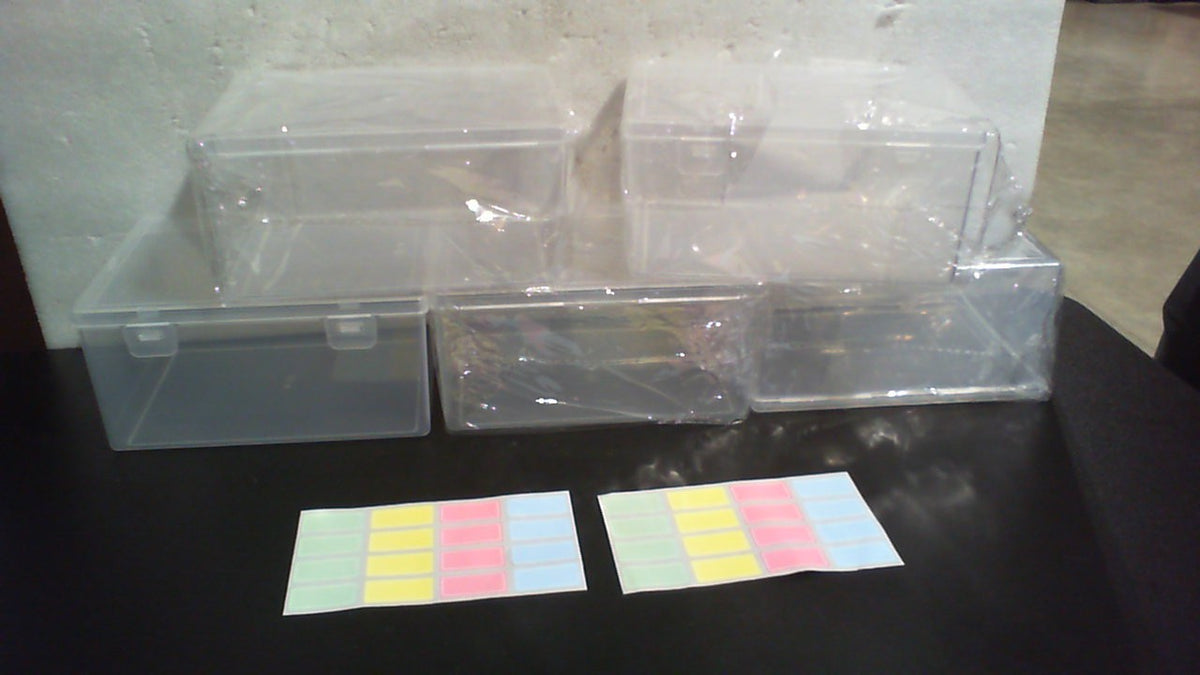 Pack de 5 cajas organizadoras transparentes con stickers