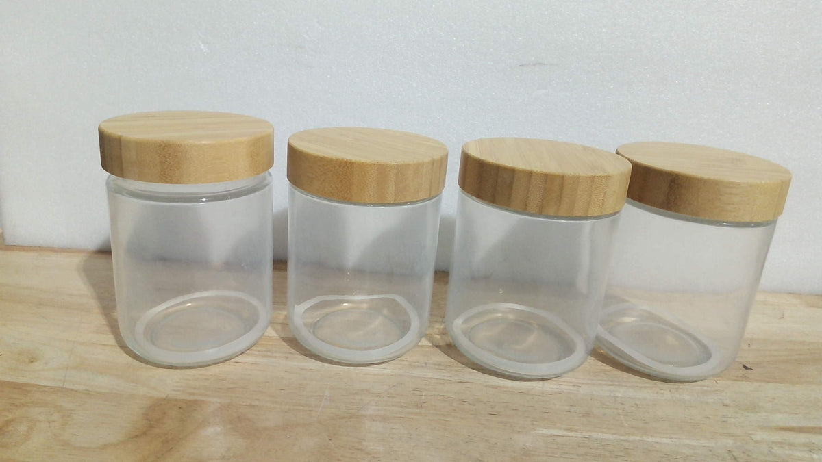 frascos o tarros de vidrio herméticos con tapa de madera de bambú ( ARTICULO VIENE COMO SE MUESTRA EN LA IMAGEN 2
