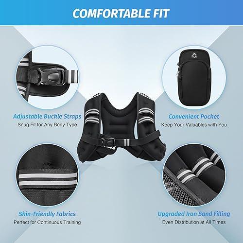 Chaleco lastrado ZELUS, con franja reflectante para entrenamiento, fortalecimiento muscular, correr, fitness, pérdida de peso y levantamiento de pesas - Tamaño 6 lb - Color negro