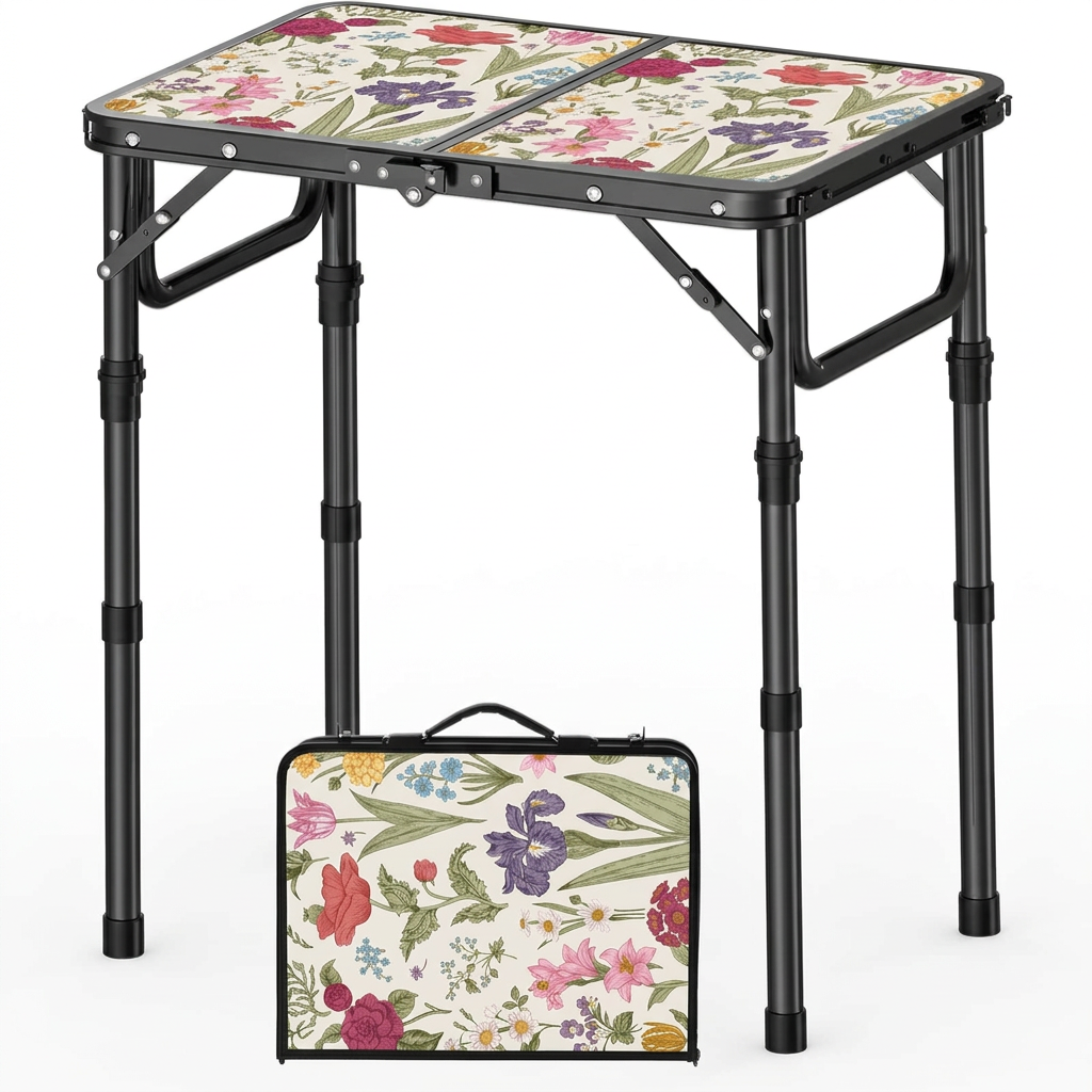 YihuiKo Mesa de Camping Pequena Plegable | Estampado Flores Francesas Vintage, Altura Ajustable, Ligera y Portatil con Asa