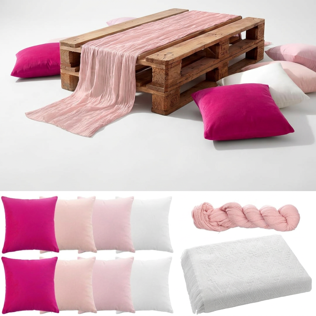 Sin manta: Set decorativo boho Moukeren de 9 piezas con camino de mesa rosa y 8 fundas de cojín