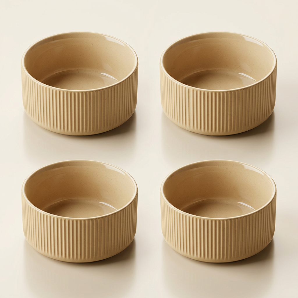 Pack de 4 recipientes redondos beige con relieve acanalado