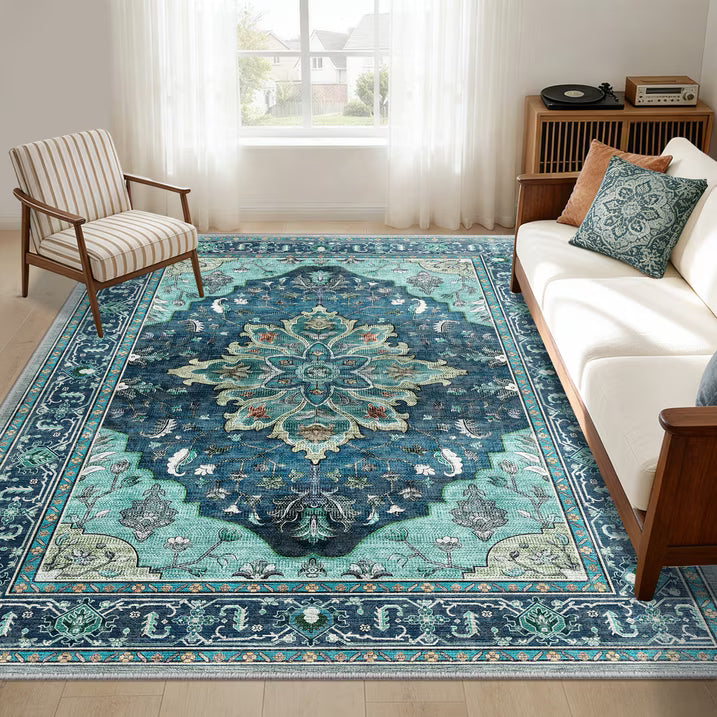 Alfombra Lavable de Área, Alfombras Florales Vintage Suaves Antideslizantes y Desgastadas para Sala de Estar, Alfombra de Pelo Bajo Resistente a las Manchas con Medallón para Comedor Oficina, Verde Azulado