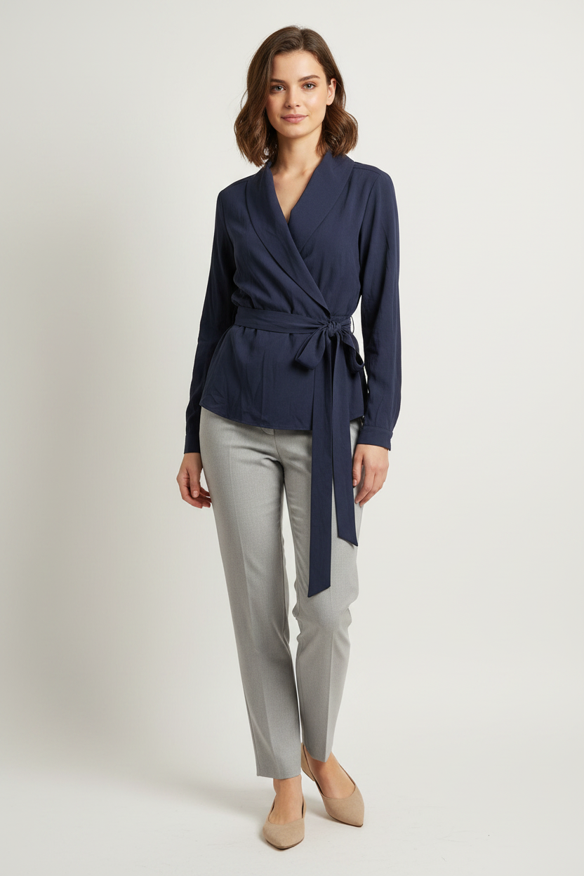 171) Blusa Azul Marino Manga Larga Wrap con Cinturón | Talla M