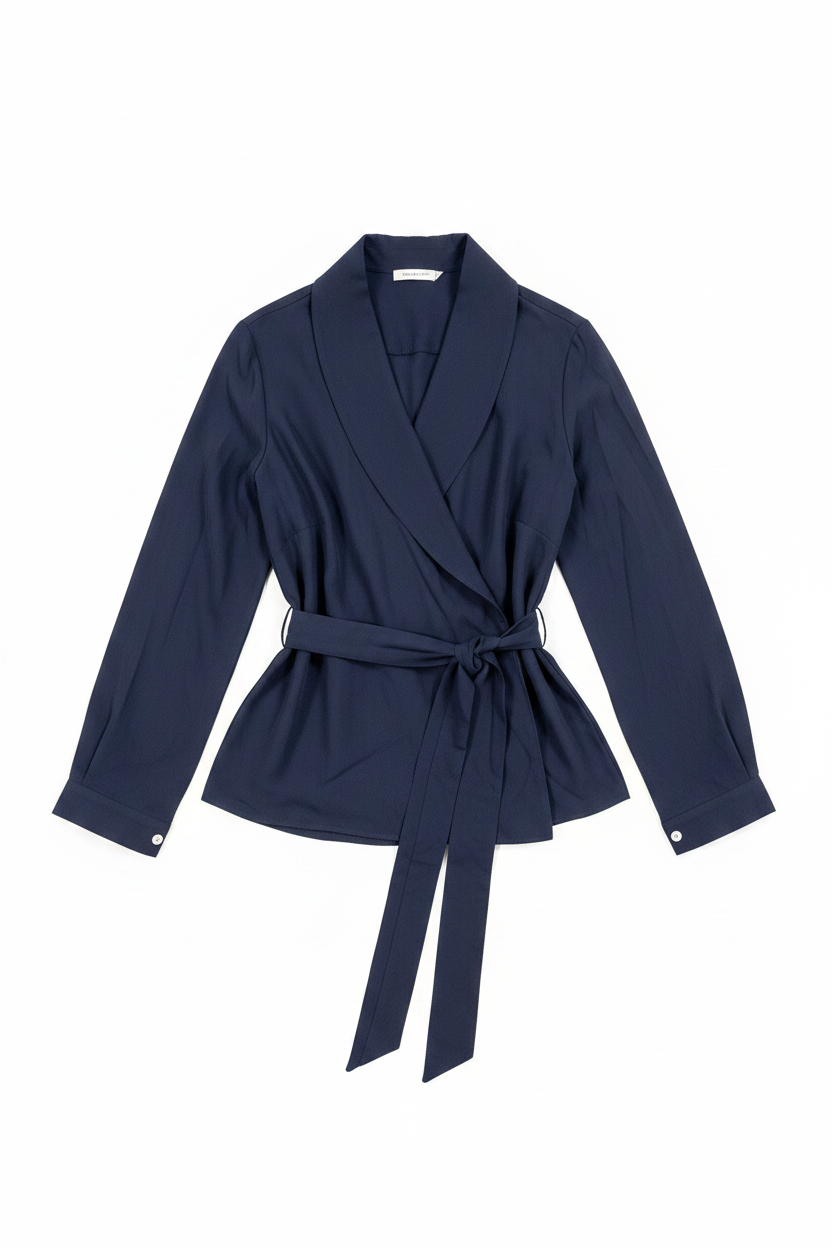 171) Blusa Azul Marino Manga Larga Wrap con Cinturón | Talla M