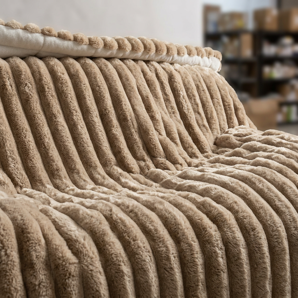 Cobertor para sillón beige con textura afelpada y franjas en relieve