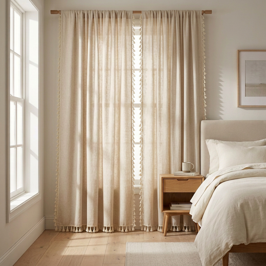 Cortinas beige avena estilo lino con borlas en los bordes para sala y dormitorio, 52 x 120