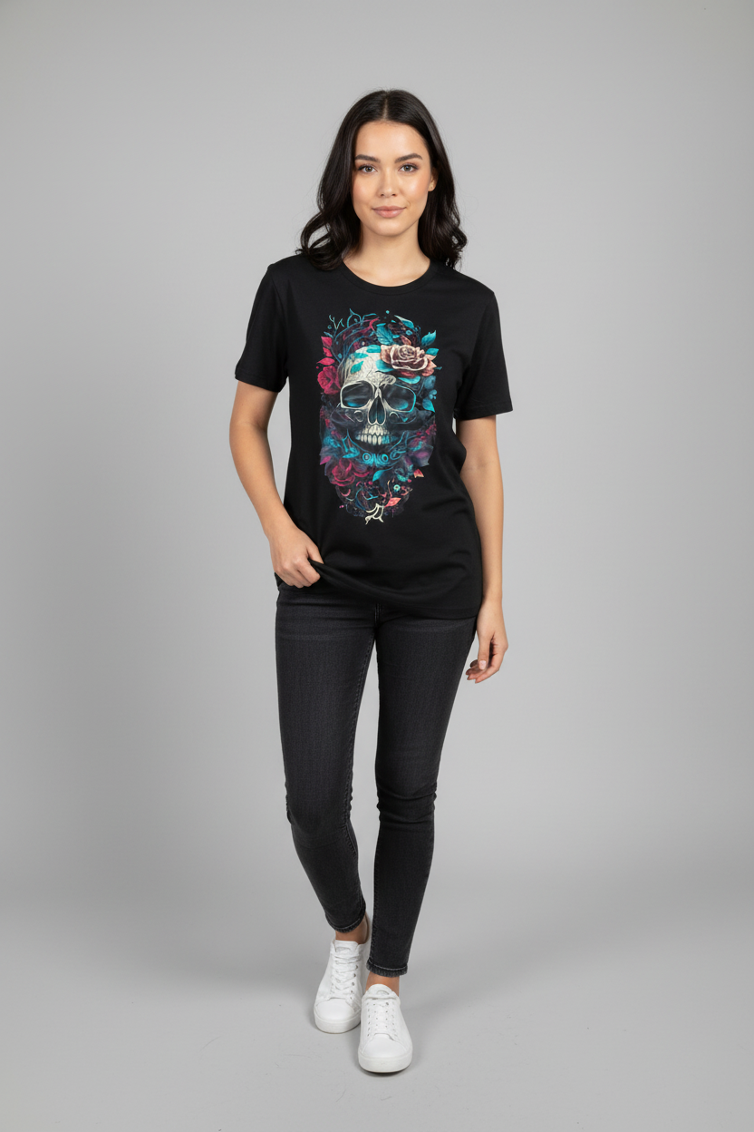 174) Camiseta Negra Estampado Calavera con Rosas | Talla M