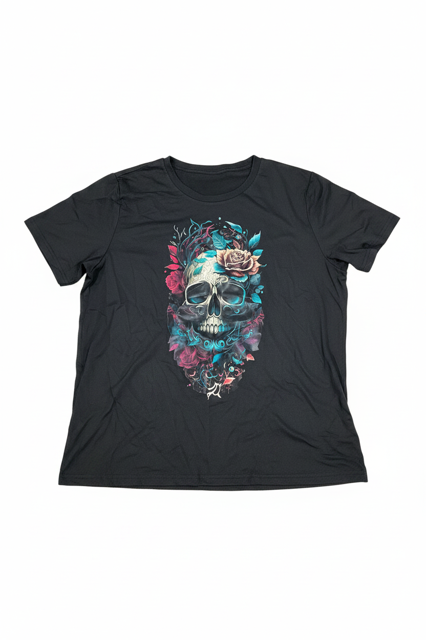 174) Camiseta Negra Estampado Calavera con Rosas | Talla M