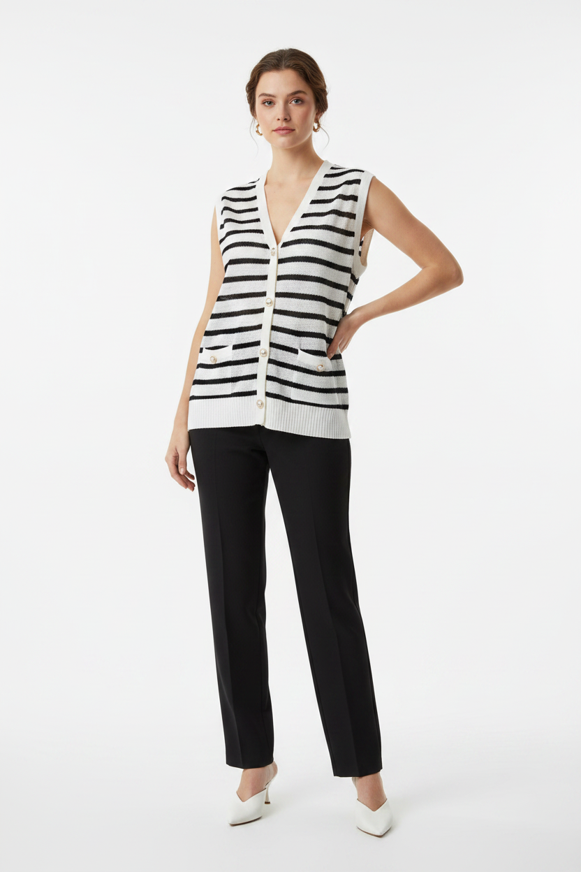 Cardigan a rayas blanco y negro con modelo