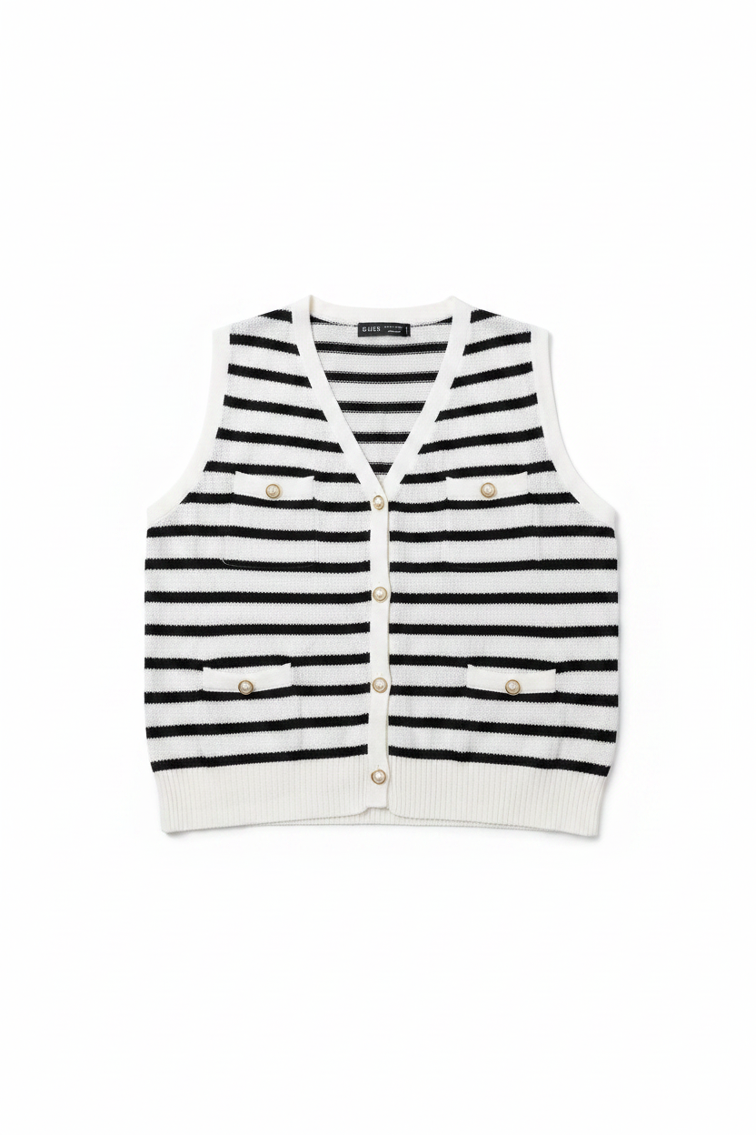 Cardigan a rayas blanco y negro flat lay