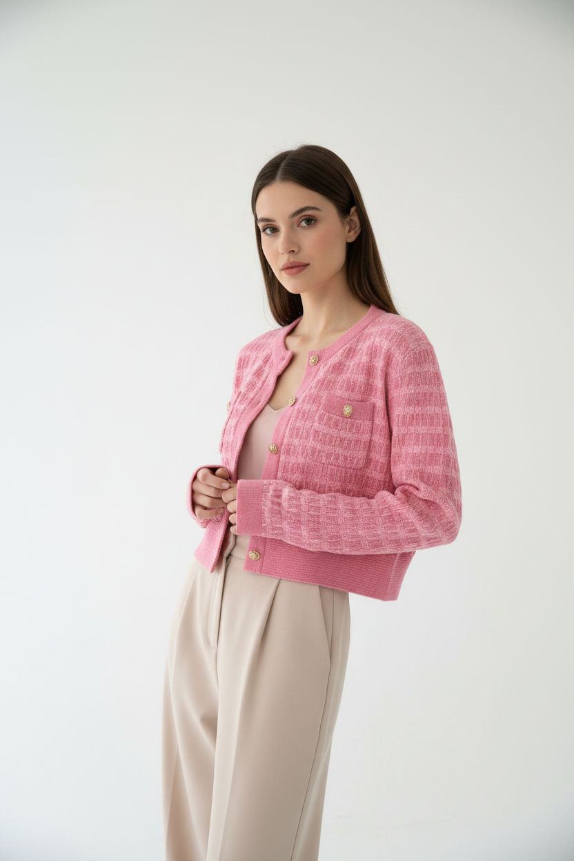 Cardigan rosa tweed con modelo