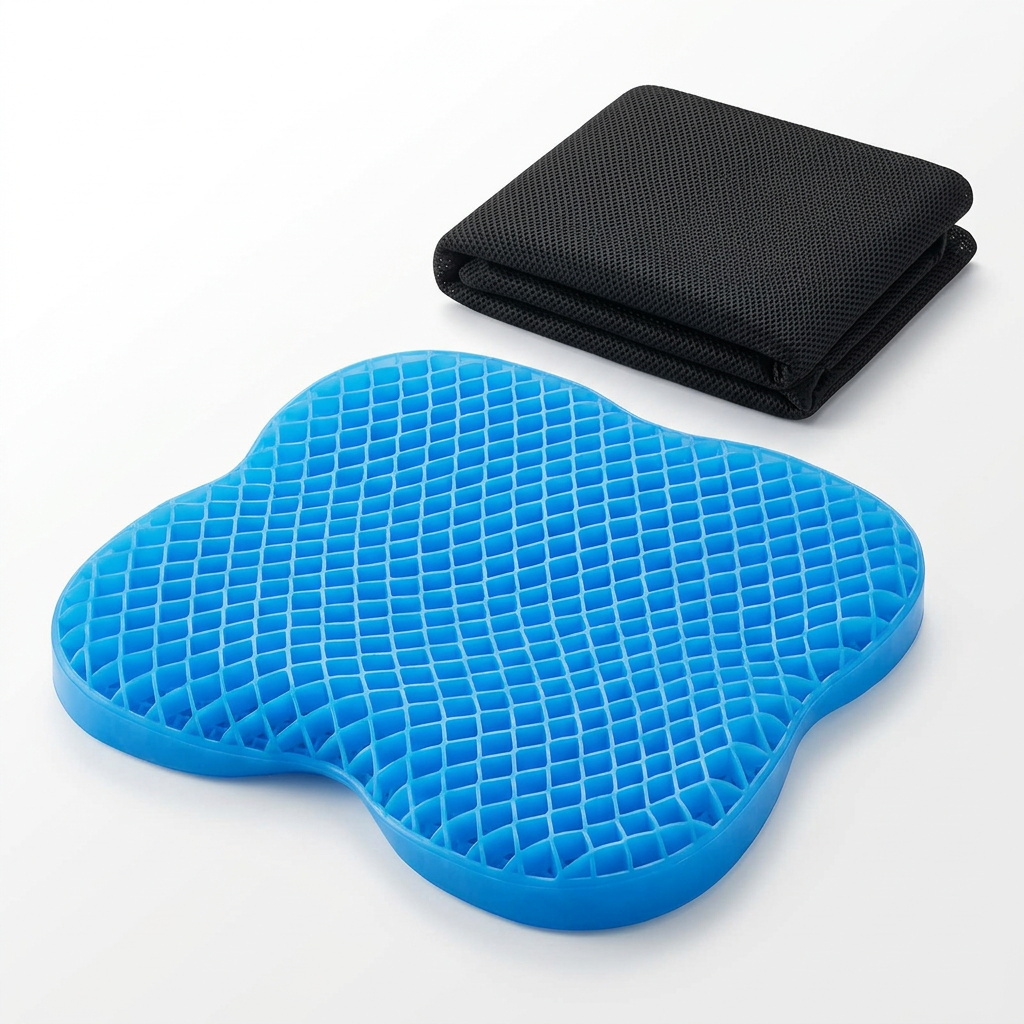 Cojín de asiento azul con diseño de panal y forro negro incluido