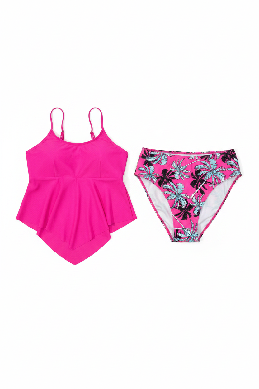 Talla XXL — Conjunto de Baño Dos Piezas Fucsia con Top Volantes y Bottom Tropical