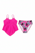 Talla XXL — Conjunto de Baño Dos Piezas Fucsia con Top Volantes y Bottom Tropical