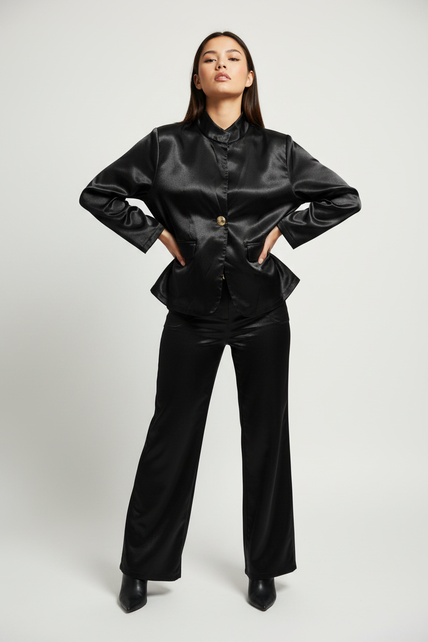 Conjunto negro satinado con modelo corregida
