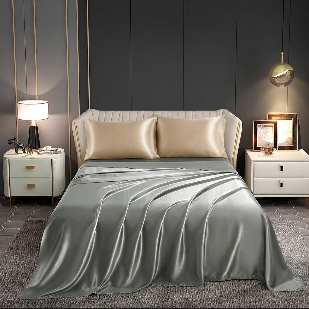 Sábana Satinada Gris Plata con Acabado Suave y Brillante, Sin Fundas de Almohada