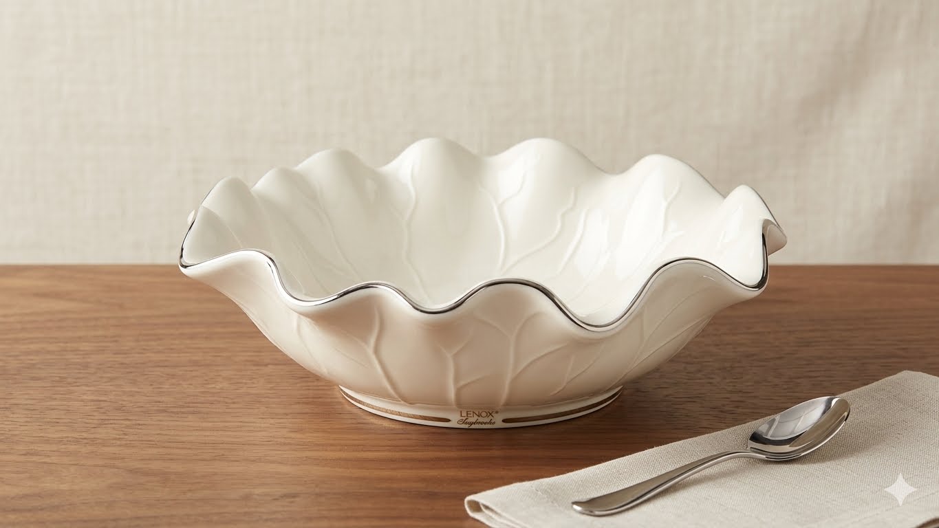 Cuenco de Cerámica Blanca – Diseño Hoja de Repollo, Borde Ondulado y Detalles Dorados | Decorativo
