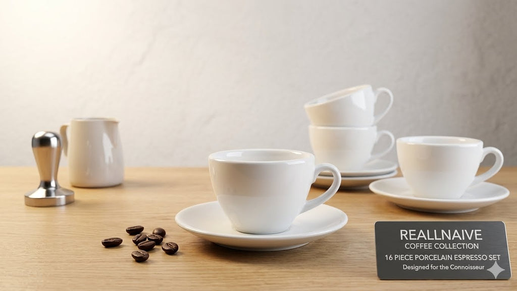 Reallnaive Set x16 Tazas de Espresso y Café en Porcelana Blanca – 16 Piezas | Elegante y Duradero