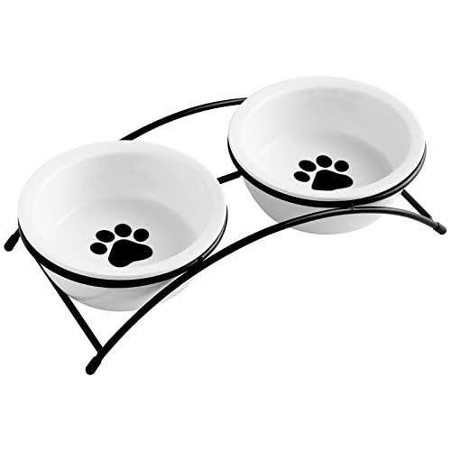 comedero doble elevado para mascotas con platos de cerámica blanca y sosten de varilla negra.
