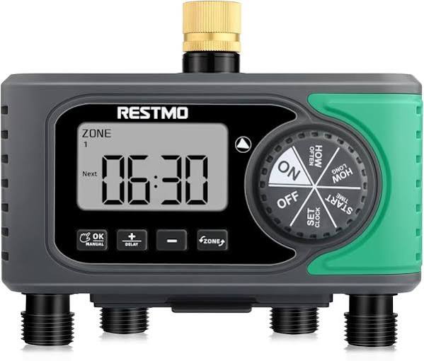 temporizador de riego automático digital de 4 zonas de la marca RESTMO (4-Zone Water Timer),solo contiene una pieza
