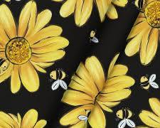 mantel o camino de mesa con diseño de girasoles y abejas sobre fondo negro ( ARICULO VIENE COMO SE OBSERVA EN LA SEGUNDA IMAGEN )