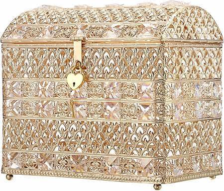 cofre o buzón de metal dorado con incrustaciones de cristales facetados ( ARTICULO VIENE COMO SE MUESTRA DESPUES LA SEGUNDA IMAGEN ) ACCESORIOS CANDADO Y LLAVE CORRESPONDIENTE AL MISMO )