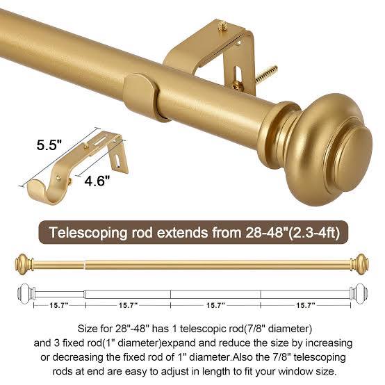 Barras para cortinas SIMEWIN Gold para ventanas de 28 a 48 pulgadas, ajustables, decorativas, de 1 pulgada de diámetro, juego de barras para cortinas individuales con remates clásicos, acabado dorado.