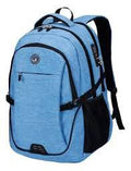 bulto o mochila ejecutiva y de viaje en color azul jaspeado, diseñado con un enfoque de alta capacidad y seguridad antirrobo.