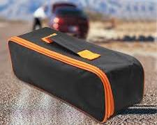 maletín organizador multiusos para automóvil (de lona negra con bordes y costuras de color naranja vibrante)