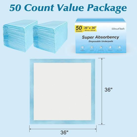 50 pañales protectores empapadores desechables (Disposable Underpads) de la marca Wowflash