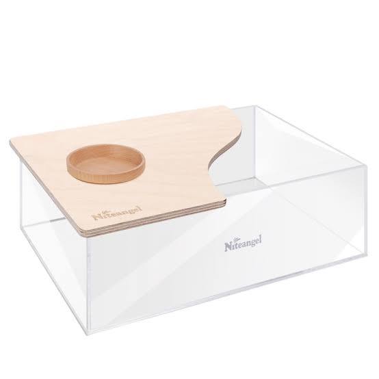 caja de baño de arena acrílica con tapa de madera de la marca Niteangel ( ARTICULO VIENE COMO SE MUESTRA EN LA IMAGEN 2 Y 3