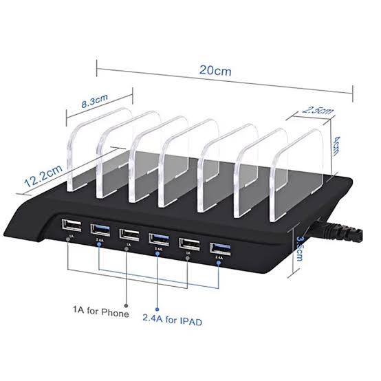 Estación de Carga Múltiple 6 Puertos 20W con 6 Cables – Carga Rápida para iPhone, iPad, Móviles y Tabletas Apple | Color Negro