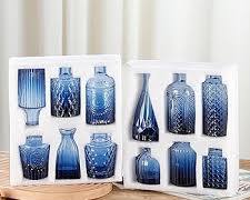 Set de 12 Mini Floreros de Vidrio Azul Cobalto – Diseños en Relieve Estilo Vintage y Botica | Arreglos Florales y Decoración