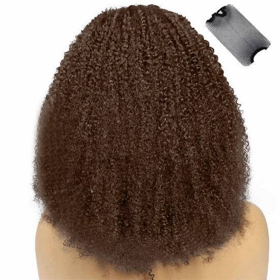 extensión de cabello tipo moño afro (afro puff drawstring ponytail) en color castaño oscuro o marrón rústico
