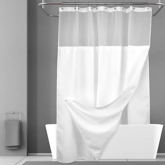 cortina de baño con forro de tela desmontable con broches en color blanco y con una textura de tejido gofre