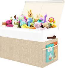 baúl organizador de juguetes Fineonly en su combinación de color beige y blanco( ARTICULO VIENE COMO SE OBSERVA EN LA SEGUNDA IMAGEN )CONTIENE 4 PIEZAS