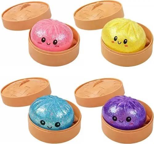 Squishies de Dumpling, Caja Misteriosa de Dumpling con Purpurina, Pelotas Antiestrés de Dumpling de Colores, Juguete Sensorial, Regalos para Calcetines con Vaporizador de Comida, Juguetes Elásticos de Escritorio (Azul Purpurina)