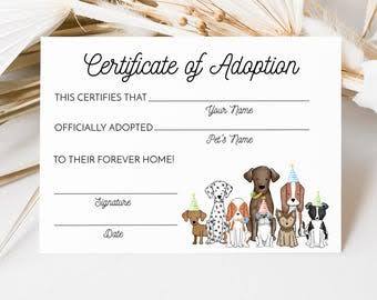 certificado de adopción de cachorros  ( ARTICULO VIENE COMO SE MUESTRA EN LA SEGUNDA IMAGEN