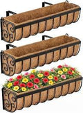 ZeeDix Paquete de 3 jardineras metálicas para barandillas, jardineras de 60 cm (24 pulgadas) para colgar sobre barandillas con revestimiento de fibra de coco, jardineras colgantes para vallas, terrazas, porches, balcones y patios exteriores #7508
